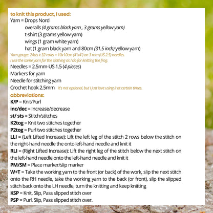 Bumblebee Outfit Knitting Pattern for Knitted Frog (PDF)