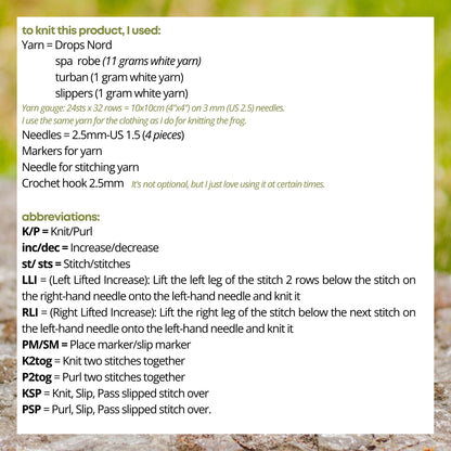 Spa Outfit Knitting Pattern for Knitted Frog (PDF)